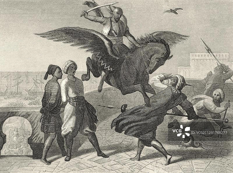 历史钢版画,巴格达的阿拉伯哈里发与土耳其人的战斗,12世纪,阿拔斯王朝,卡尔·奥古斯特·格奥尔格·马克西米利安·格拉夫·冯·普拉滕-哈勒蒙德的《阿拔斯王朝》中的绘画图片素材