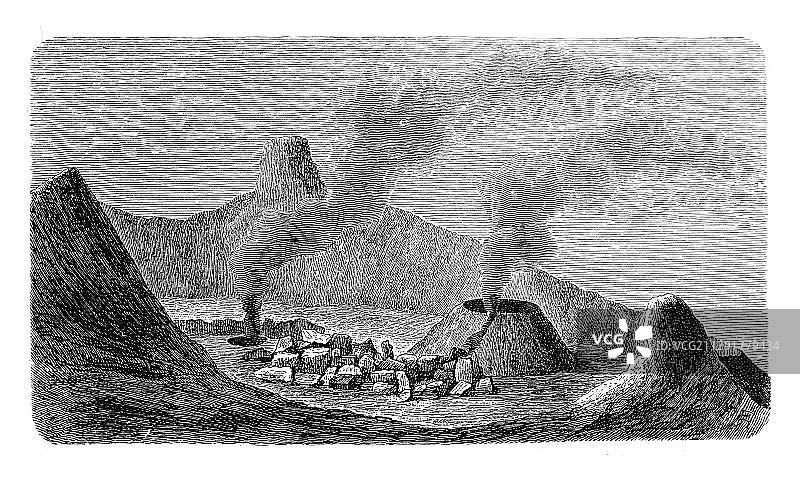 埃特纳火山陨石坑（1805-1809年），出自《迈耶百科全书》，1897年图片素材