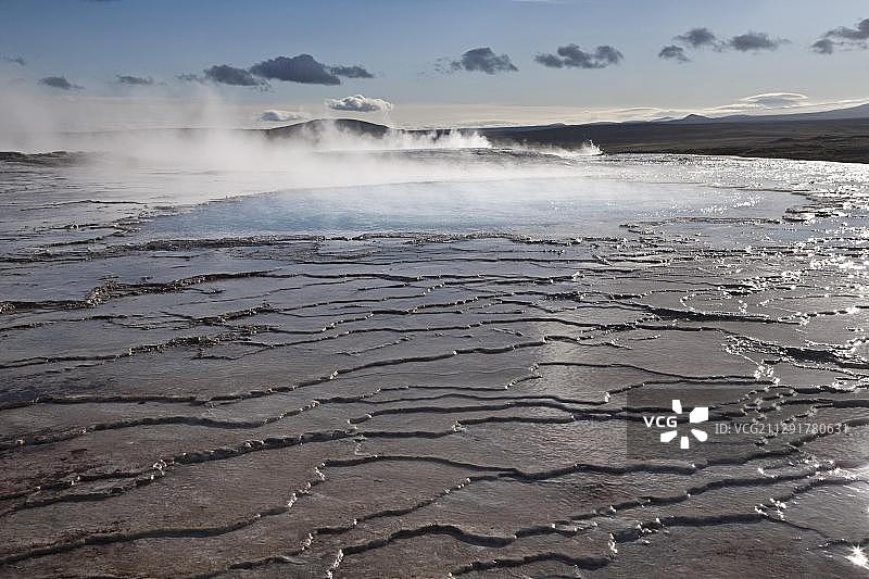 冰岛Hveravellir地热区，Meyrarauga的石灰岩烧结梯田和热水池图片素材