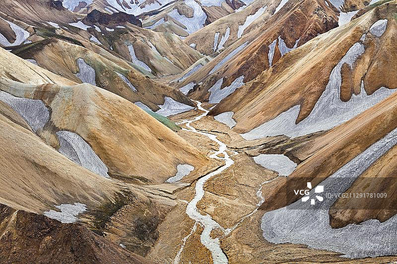 从布伦尼斯泰因沙尔达火山眺望：格雷纳吉尔峡谷、约库尔吉尔斯克维斯尔河、流纹岩山脉、兰德曼纳劳卡高地、菲亚拉巴克自然保护区，冰岛图片素材