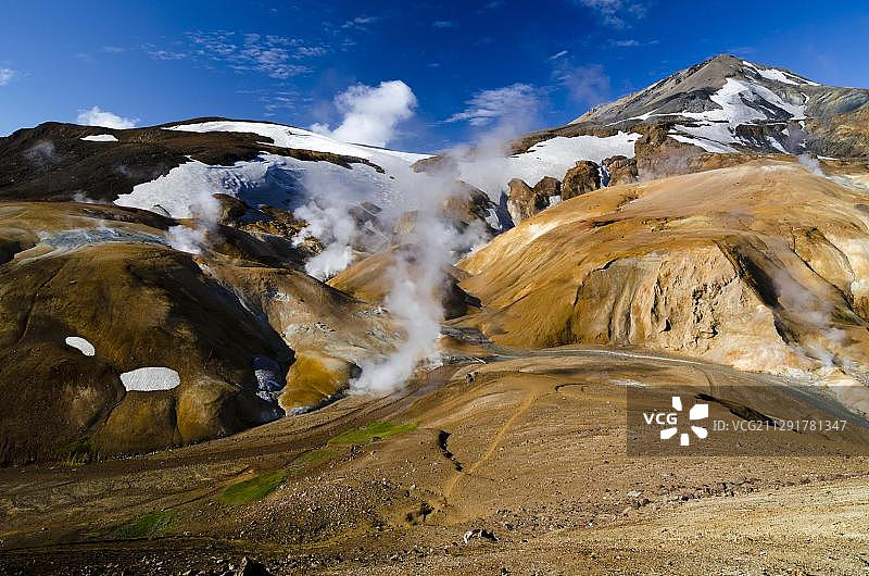 徒步穿越温泉和积雪覆盖的Rhyolite山，Hveravellir高温区，Kerlingarfjoell，高地，冰岛，欧洲图片素材