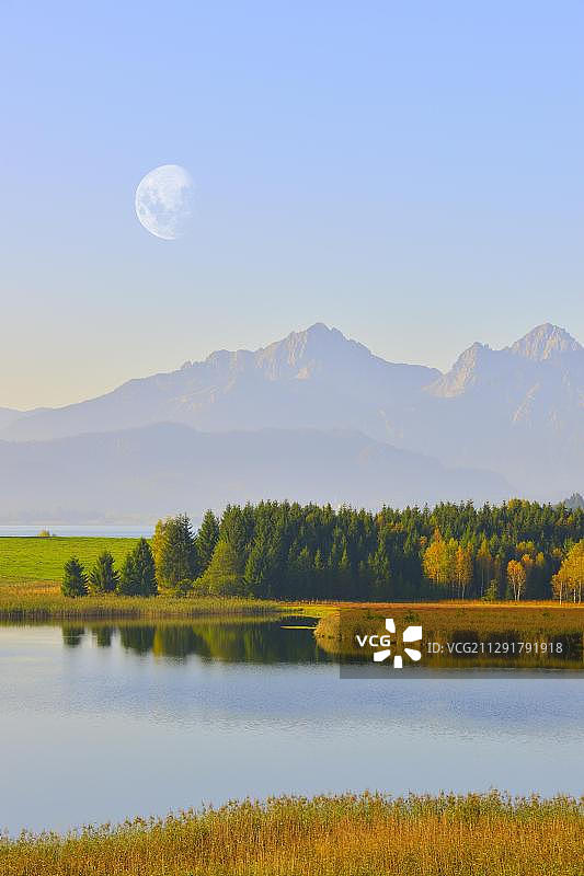福森附近的福根湖，月亮，阿默尔山脉，东阿尔高县，巴伐利亚，德国，欧洲，合成图，欧洲图片素材