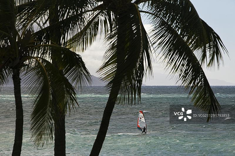 在夏威夷茂宜岛附近海面上进行帆板运动图片素材