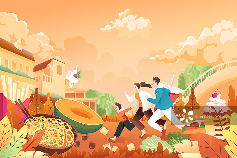 卡通亲子游家人出游秋季踏秋旅游美食促销活动风景矢量插画图片素材