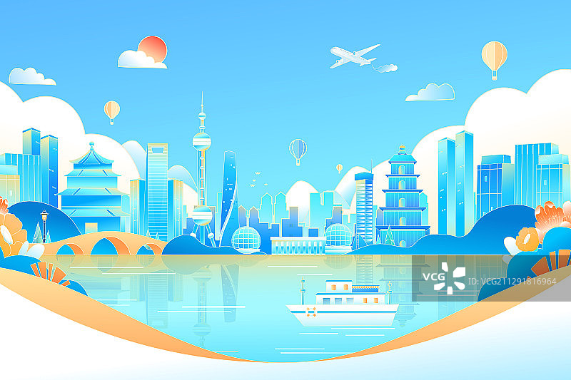 出游出行等车旅行旅途上海陆家嘴外滩风景建筑矢量插画图片素材