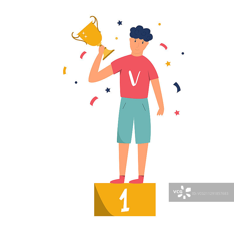 年轻的冠军站在领奖台上，手捧奖杯图片素材