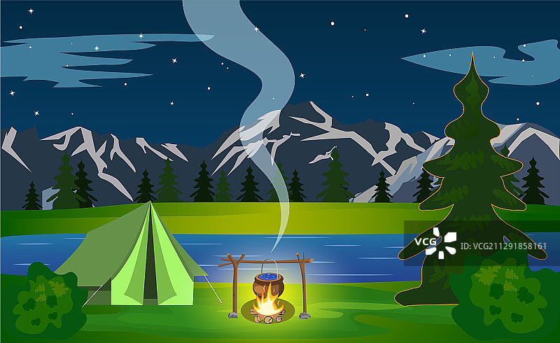 森林背景篝火帐篷概念图片素材
