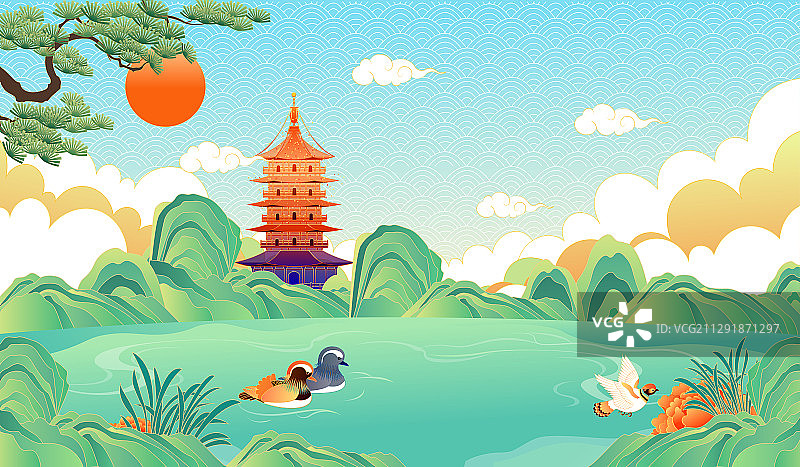 杭州西湖雷峰塔古建筑矢量插画图片素材