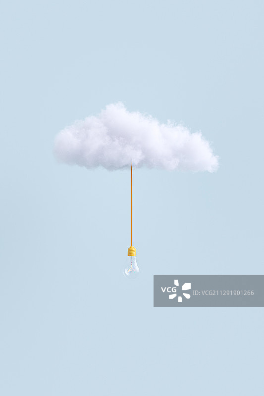 三维渲染一朵白云下悬挂着白炽灯泡图片素材