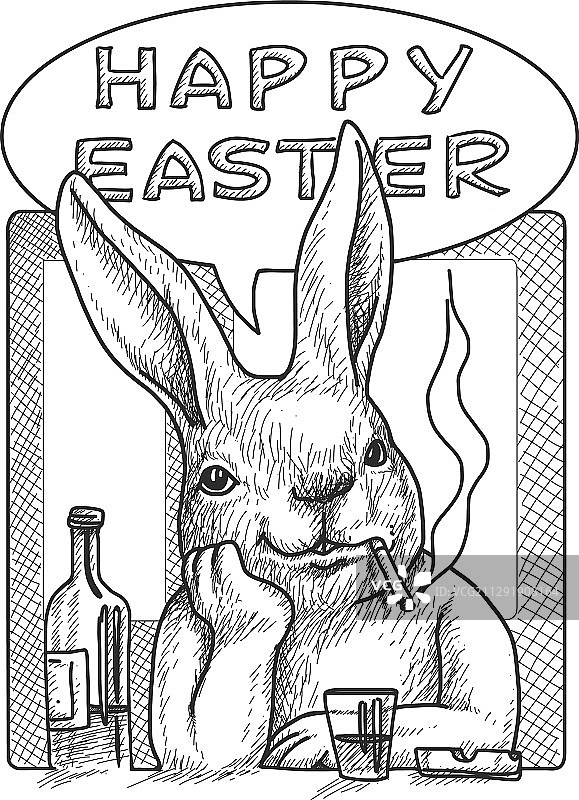 拿着瓶子和玻璃杯的复活节兔子（漫画风格）图片素材
