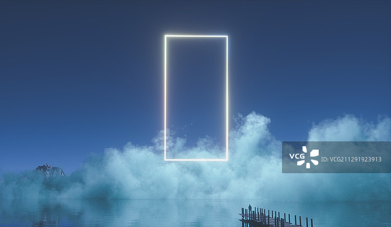 三维渲染雪山湖泊中的霓虹灯管背景图图片素材