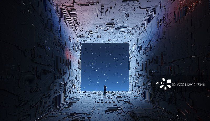 三维渲染站在科幻通道的尽头的人望着外面的天空图片素材