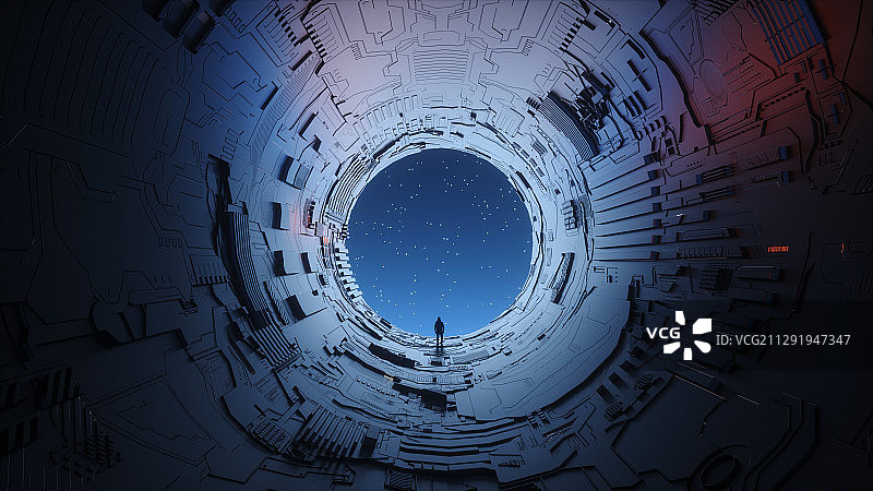 三维渲染站在科幻通道的尽头的人望着外面的天空图片素材