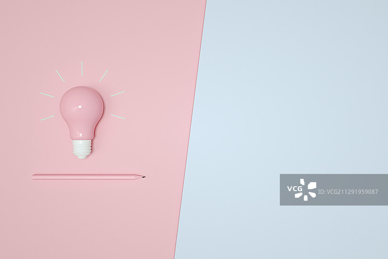 三维渲染灯泡与铅笔在拼色背景上图片素材