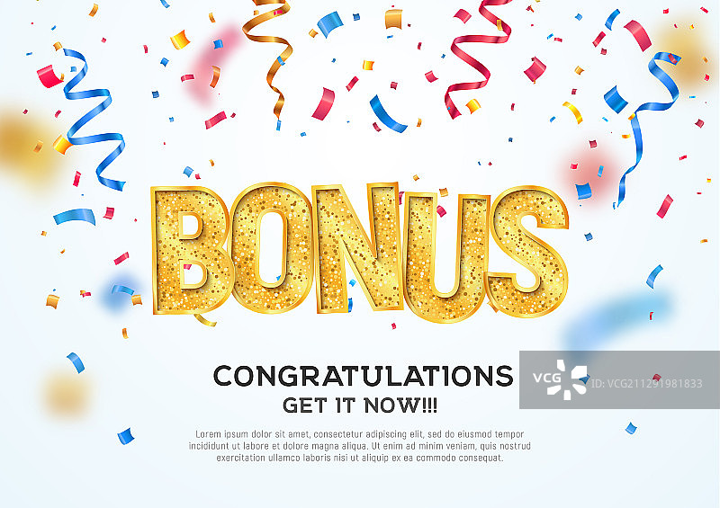 金色奖励文字与飘落的五彩纸屑图片素材