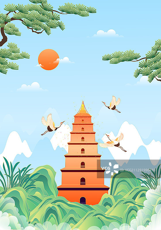 西安大雁塔古建筑矢量插画图片素材