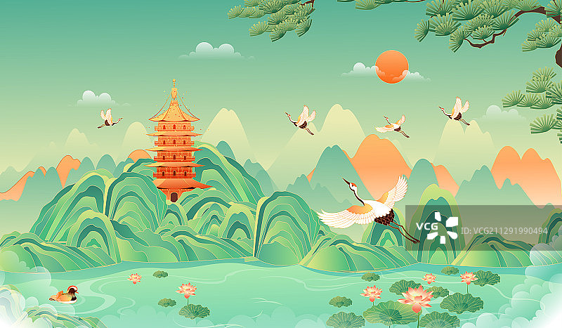 杭州西湖美丽的风景矢量插画图片素材