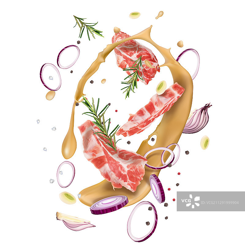 芥末洋葱迷迭香腌制的生牛肉牛排图片素材