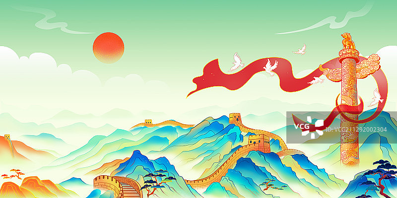 唯美长城华表中国风插画图片素材