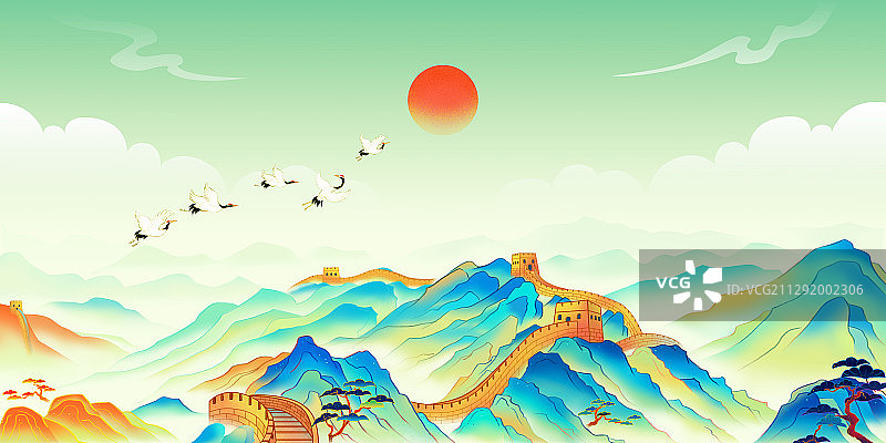 唯美万里长城中国风插画图片素材
