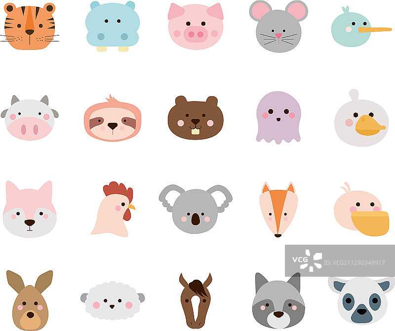 扁平风格的可爱动物卡通图标合集图片素材