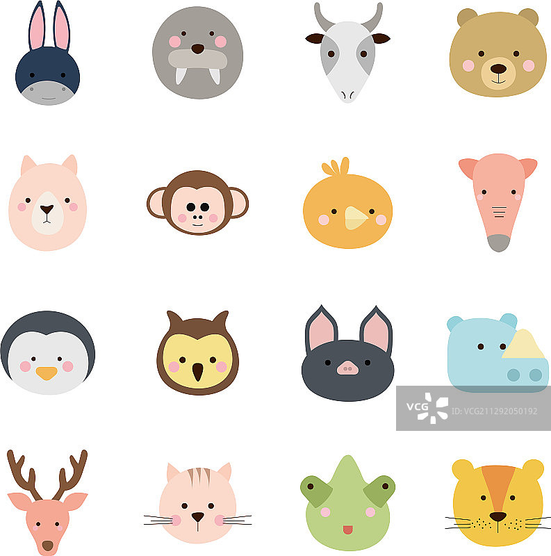 扁平风格的可爱动物卡通图标合集图片素材