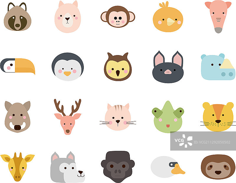 扁平风格的可爱动物卡通图标合集图片素材