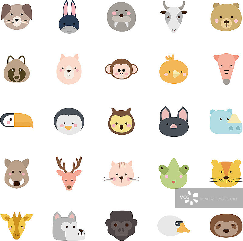 扁平风格的可爱动物卡通图标合集图片素材