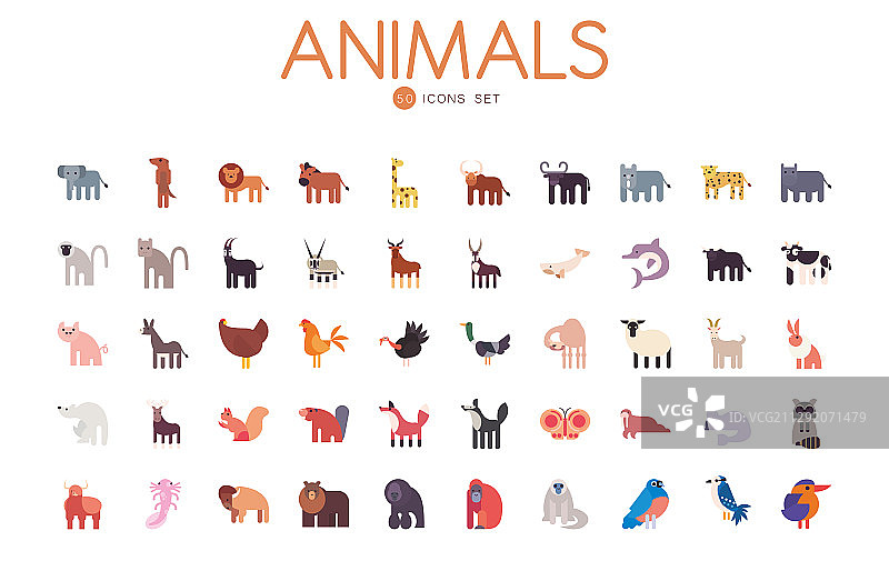 50个可爱动物卡通填充风格图标图片素材
