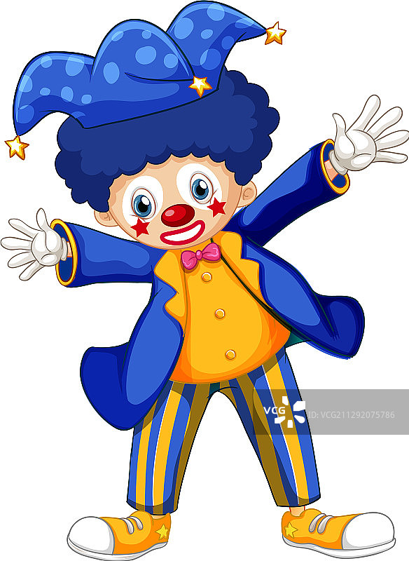 白色背景上穿着蓝色夹克和戴蓝色帽子的快乐小丑图片素材