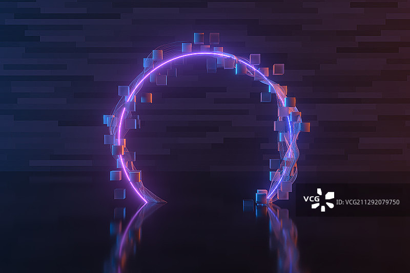 紫色复古霓虹圆形线框 3D渲染图片素材