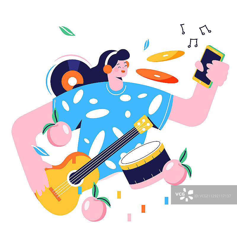 卡通音乐节听歌唱歌K歌购物电商促销狂欢活动夏季水蜜桃矢量插画图片素材