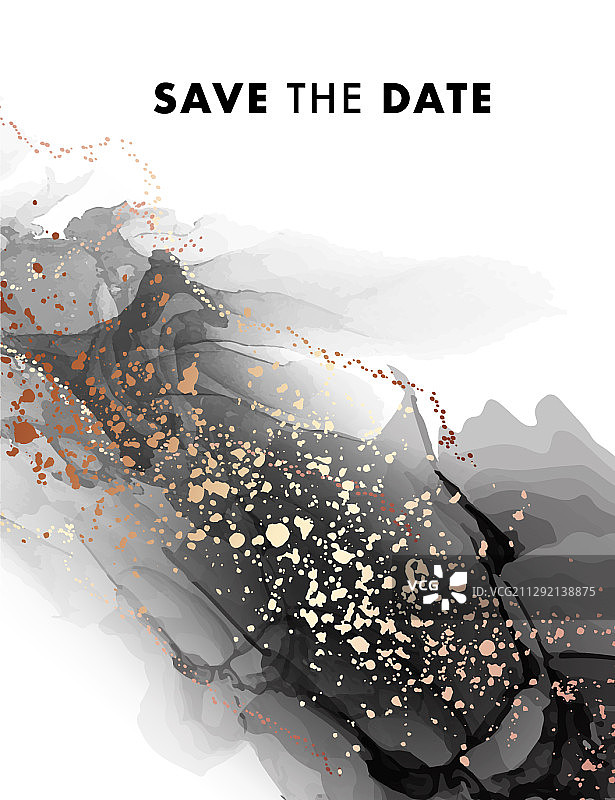 带金色箔飞溅纹理的黑色水彩墨水图片素材