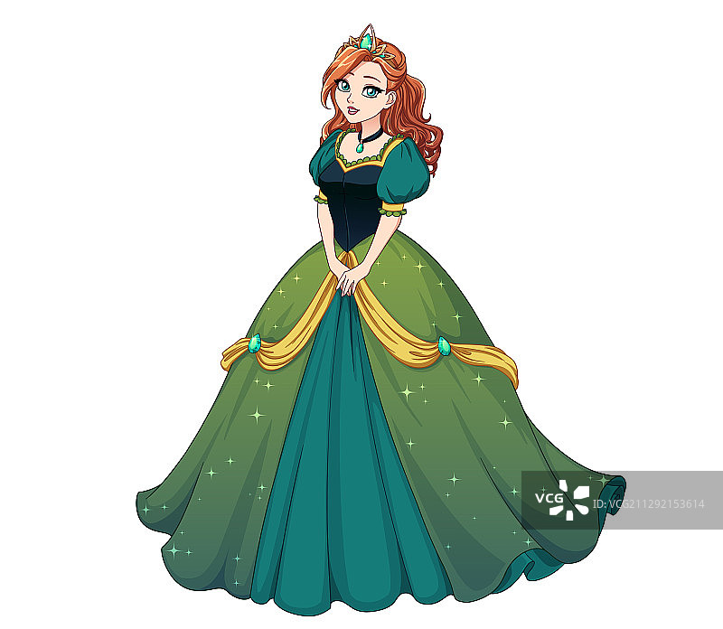 站立的卡通公主，身穿绿色服装图片素材