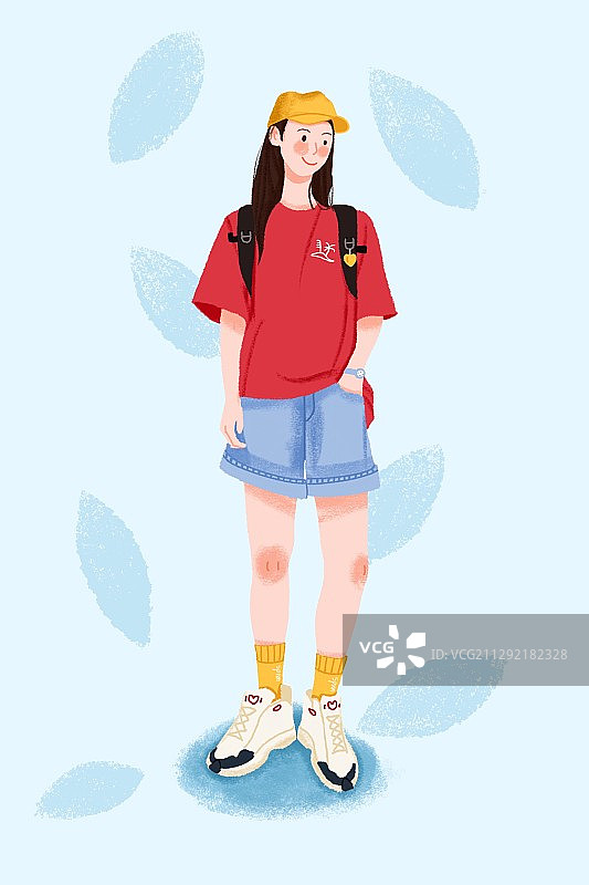 戴黄色帽子穿红色短袖T恤的女孩图片素材