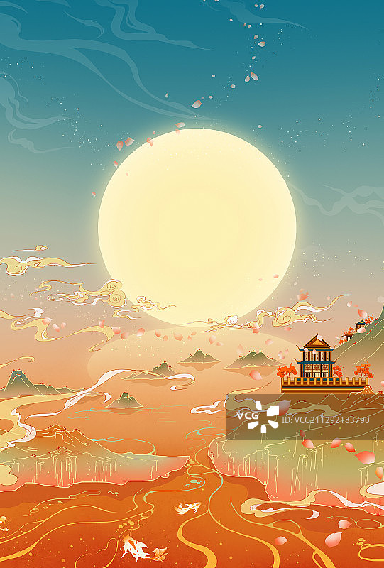 国潮风浪漫花瓣山水风景插画竖图片素材