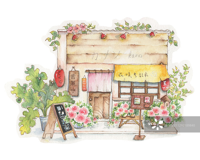 清新水彩手绘卡通童趣的建筑房屋系列木质结构小店铺图片素材