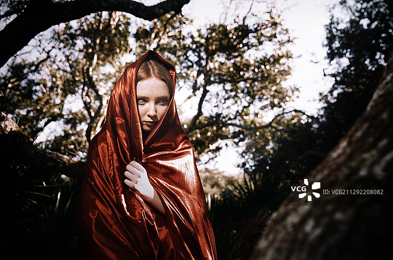 在野生森林里穿着红色布料的年轻女孩，适合做书的封面图片素材
