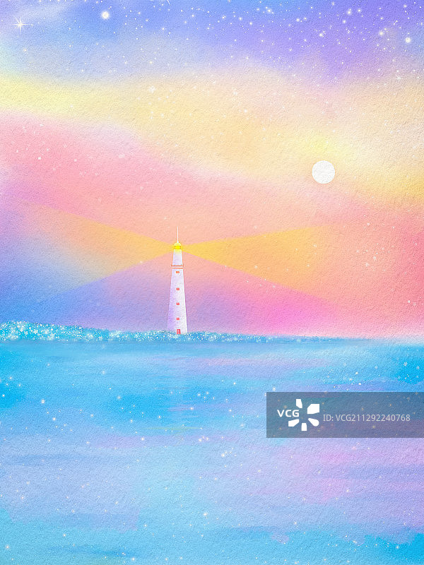 唯美海岸线灯塔水彩风景插画图片素材