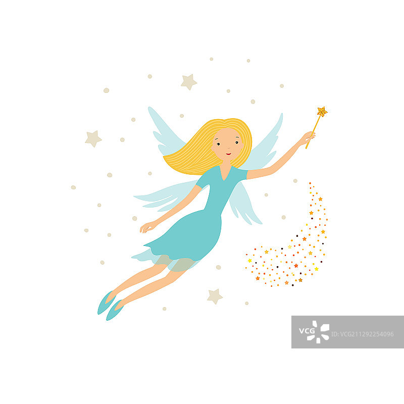 手持魔法棒飞行的可爱蓝色小仙女图片素材