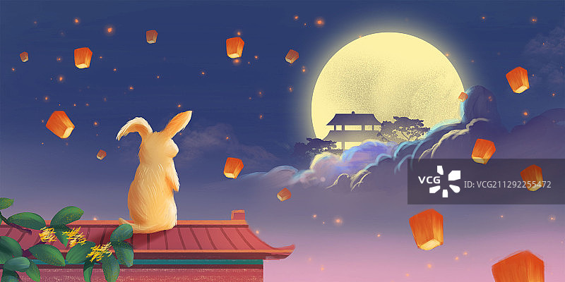 中秋节月光下赏月的兔子插画海报图片素材
