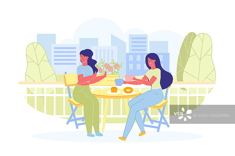 坐在露台上看城市景观的女孩们图片素材