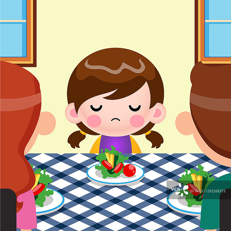 卡通可爱小女孩不想吃蔬菜图片素材