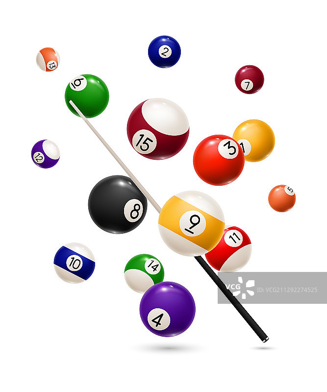 逼真的台球运动游戏球和球杆图片素材
