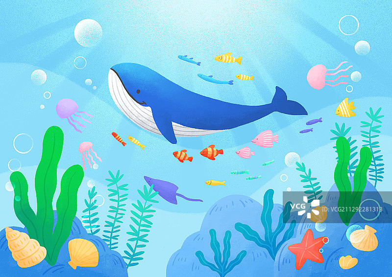 夏季海洋风光：海底鲸鱼与鱼群图片素材