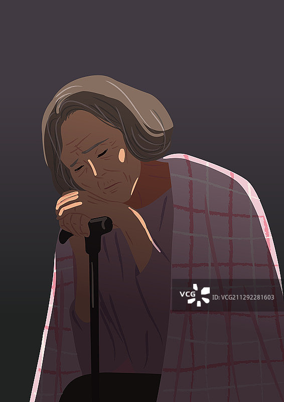 忧郁的拄着拐杖的老人图片素材