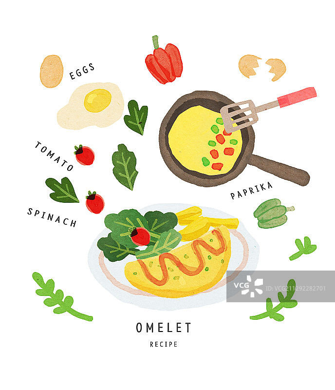 水彩美食料理食谱配料烹饪蛋包饭煎蛋番茄图片素材