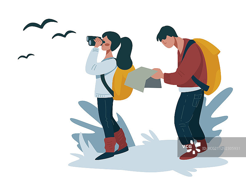 徒步或背包旅行情侣使用地图图片素材