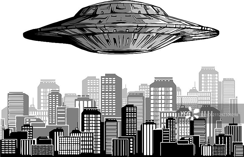 不明飞行物在夜空中城市上方发出光芒图片素材