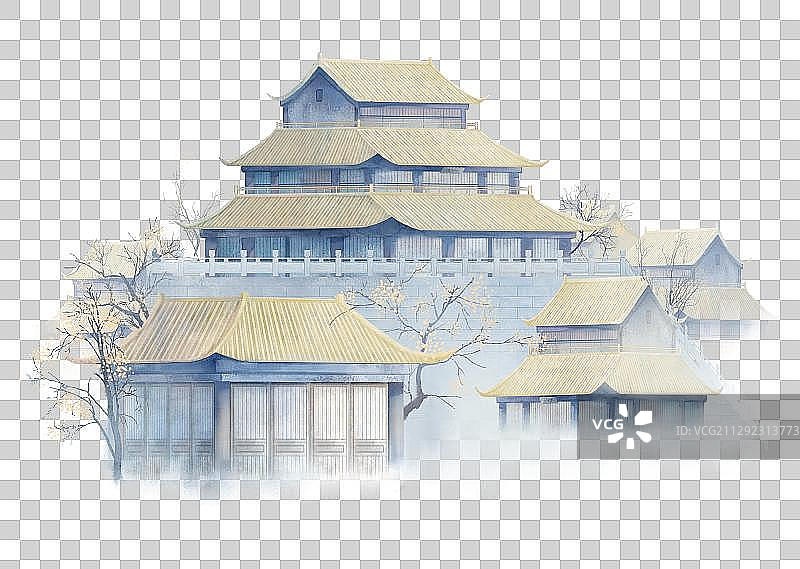 水墨清新古代建筑群插画图片素材